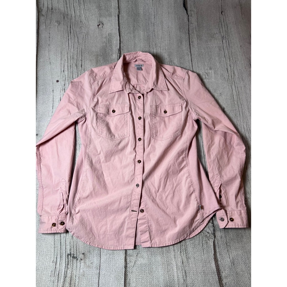 Carhartt Button Front Shirt Women M Pink Ribbed Panel Workwear Utility